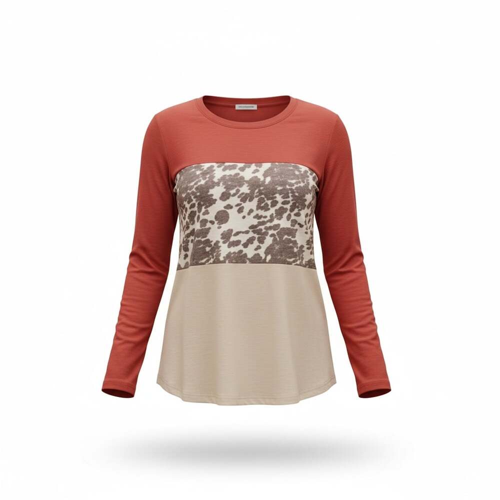NWT Cow Spot Color Block Long Sleeve Top in Rust and Tan